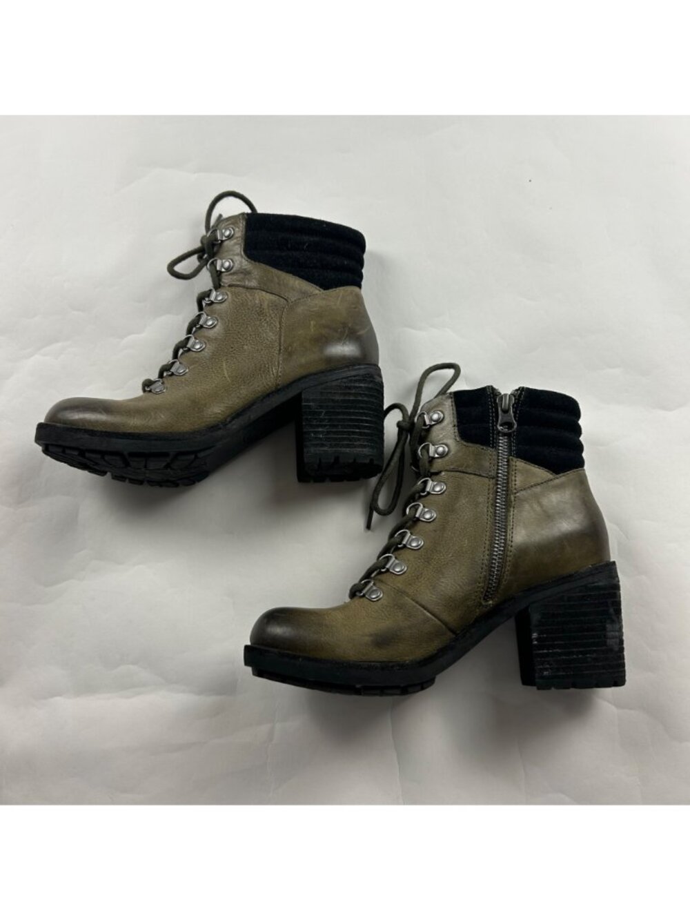 Kork Ease Distressed Olive Leather Lace Up Chunky Heel Ankle Boot 6M - Picture 4 of 8